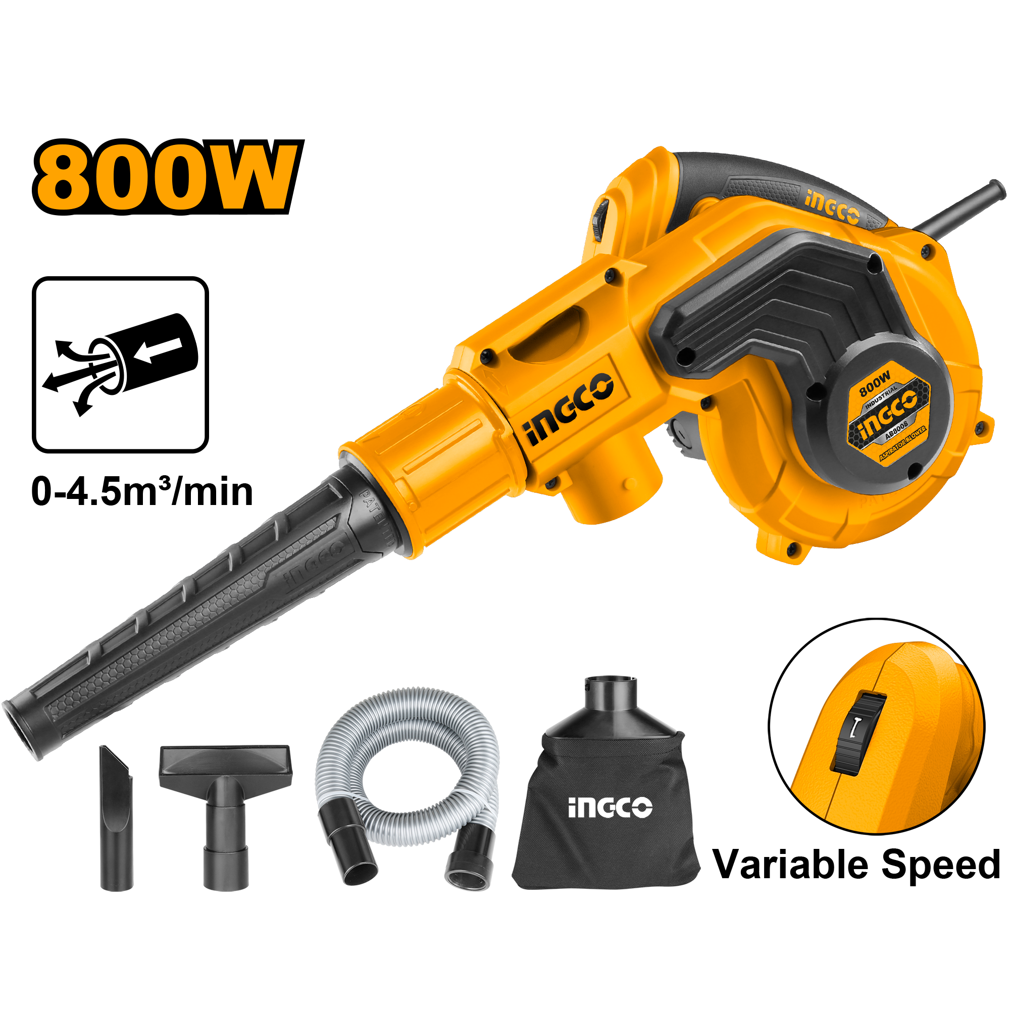 SOUFFLEUR ASPIRATEUR 800W + 4 ACCESSOIRES - AB8008 / FILAIRE